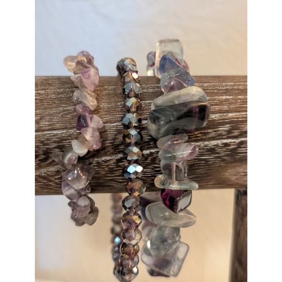 Lot of Three Purple & Green Jadeite Stone & AB Crystal Bracelets - Picture 2 of 4